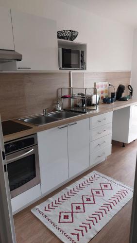 - une cuisine avec évier et tapis de cuisine à l'étage dans l'établissement cosy pres de la cepiere, à Toulouse