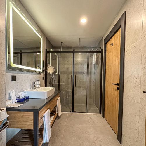 a bathroom with a sink and a shower at Park Inn by Radisson Yalova City Center in Yalova
