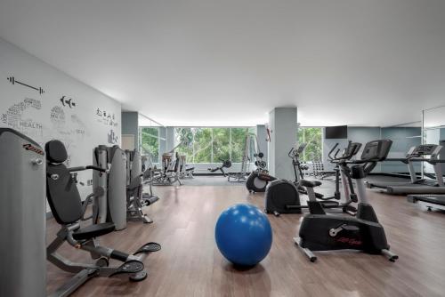 a gym with a large blue ball in the middle at Somerset Chancellor Court Ho Chi Minh City in Ho Chi Minh City