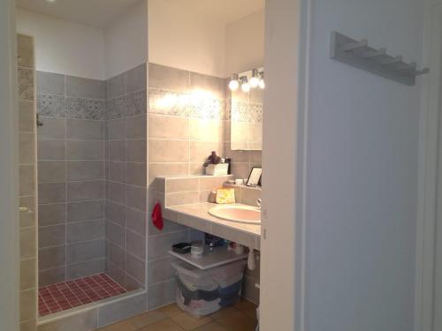 une salle de bain avec un lavabo et une douche dans l'établissement Maison 2 pièces 4 personnes proche de l'océan - GAELIG, à Sarzeau