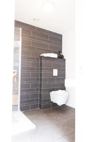 a bathroom with a toilet and a shower at La Casita bed and breakfast in Voorschoten