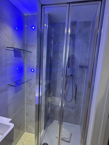 a shower with a glass door in a bathroom at The Shoreditch Inn in London