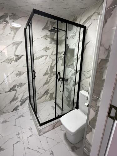 a bathroom with a toilet and a glass shower at Cozy Apartment in Sighnaghi