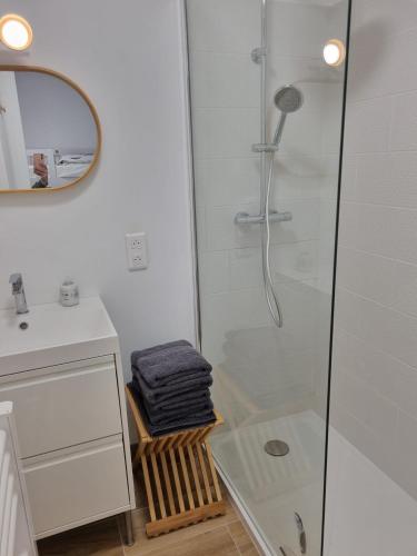 une salle de bain avec une douche avec une porte vitrée dans l'établissement RDC au bord des falaises, au Cap d'Agde