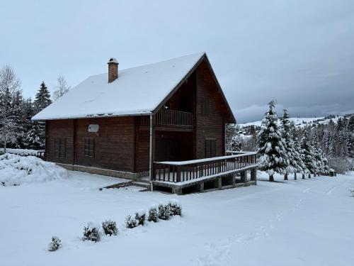 a wooden cabin with snow on the roof in the snow at Égéspatak Vendégház in Ghiduţ