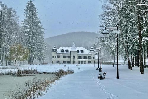 a large white house with snow on the ground at Újhuta Kastélyszálló in Háromhuta