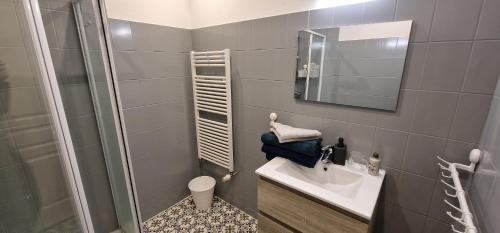 a small bathroom with a sink and a shower at La Maison des Montagnes in Le Thillot