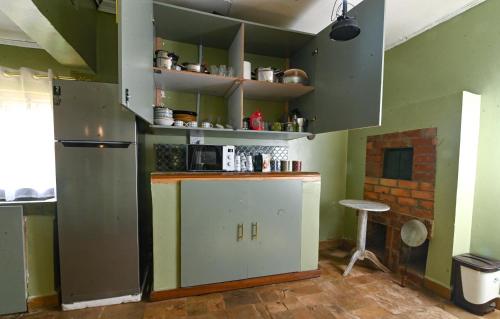 a kitchen with green walls and a counter with a refrigerator at Kitanda Msituni in Meru