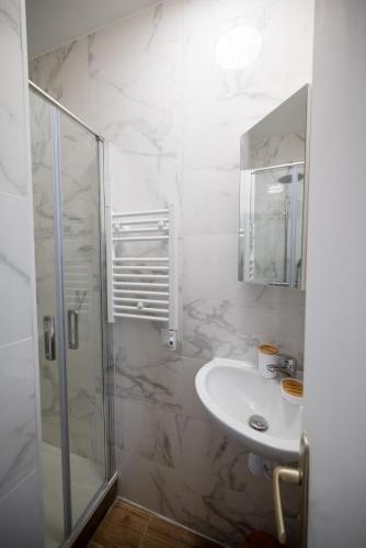 une salle de bain blanche avec un lavabo et une douche dans l'établissement Magnifique Studio rénové centre-ville 3pers wifi, à Romilly-sur-Seine