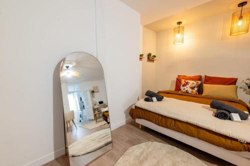 a bedroom with a bed and a mirror at Magnifique Studio rénové centre-ville 3pers wifi in Romilly-sur-Seine