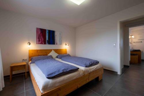a bedroom with a bed with two blue pillows at Ferienwohnung am Kurgebiet in Bad Waldsee