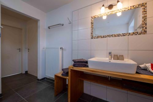 a bathroom with a white sink and a mirror at Ferienwohnung am Kurgebiet in Bad Waldsee