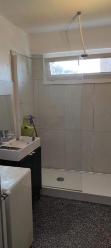 La salle de bains est pourvue d'un lavabo et d'une fenêtre. dans l'établissement Logement entier 77 m2 Appart, à Granville