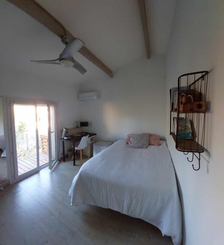une chambre avec un lit et un ventilateur de plafond dans l'établissement Petit appartement 2 chambres avec terasse dans villa grimaude, à Jacou