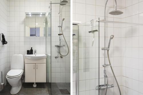 ルレオにあるGuestly Homes - 2BR Executive Apartment Modern & Stylishのシャワー、トイレ、洗面台を備えたバスルーム