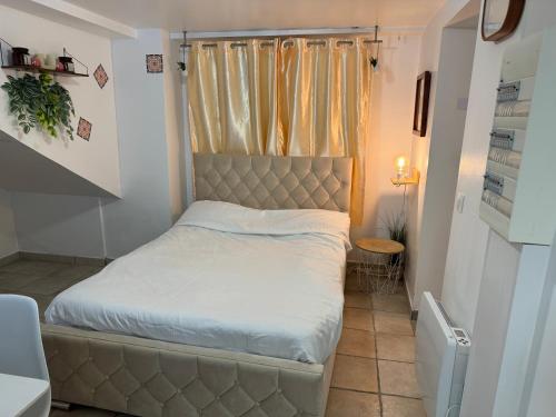 a bed in a small room with a window at L’amazone in Sannois
