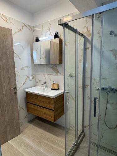 un bagno con lavandino e doccia di Luxury Villa Irinis a Nikiti