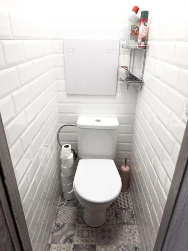 a small bathroom with a white toilet in a room at Dvoupokojový byt in Frymburk