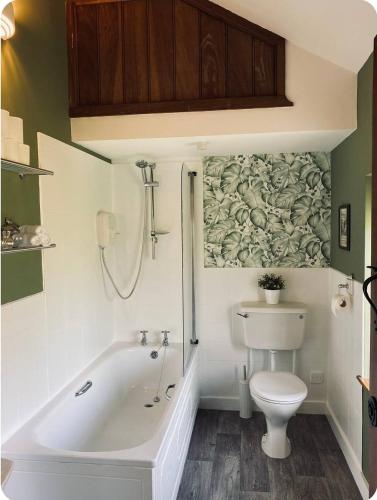 a bathroom with a toilet and a tub and a sink at The Coach House in Berriew