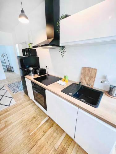 une cuisine avec un évier et un plan de travail dans l'établissement Le Philibert : 50m², 4 Prs, 2 Ch : proche gare, à Dijon