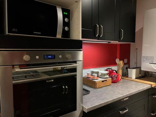 a kitchen with a stove top oven with a microwave at La Lone 1870 in La Roche-de-Glun