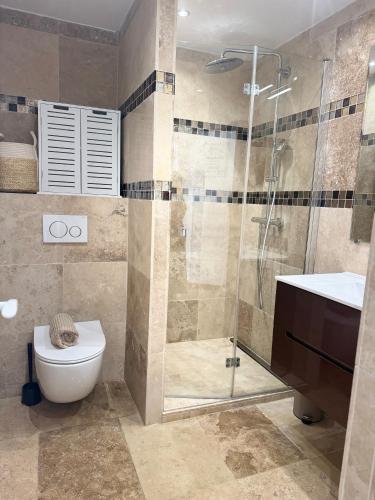 une salle de bain avec une douche, des toilettes et un lavabo dans l'établissement Appartement proche de la mer, à Fréjus