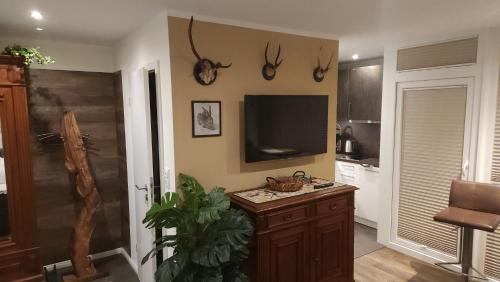 a kitchen with a television and antlers on the wall at Wildwechsel in Altenau