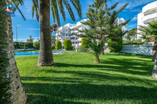 a resort with palm trees and a swimming pool at Apartamentos Meridia Casa Azahar in Alcossebre