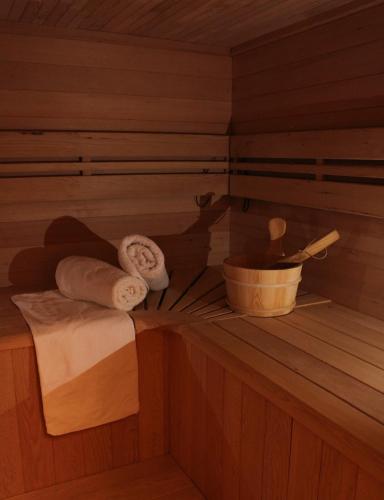 a sauna with towels and a bucket on a shelf at Wellness Tajemství Lucy in Příkosice