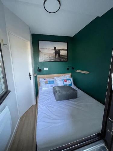 - une petite chambre avec un mur vert et un lit dans l'établissement Appartement Cosy 4 personnes au coeur des Pyrénées, à Vielle-Aure