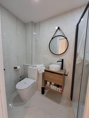 a bathroom with a toilet and a sink and a mirror at VIVAL RASTRO DELUXE in Úbeda