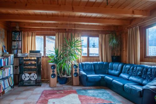 - un salon avec un canapé bleu et une étagère à livres dans l'établissement Chalet Vaclav, à Sixt-Fer-à-Cheval