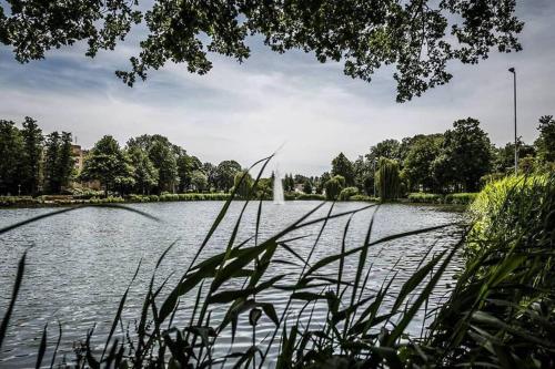 a large lake with a fountain in the middle at Tower Apartment Centre Sittard in Sittard