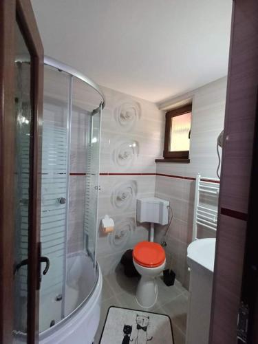 a bathroom with a shower and a toilet with a orange seat at Cabana Acasă la Delia in Gârda de Sus