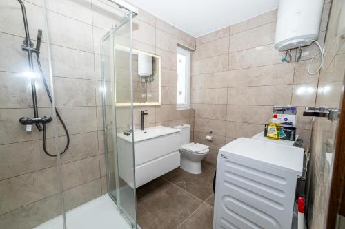 a bathroom with a shower and a toilet and a sink at The Urban Oasis Chic 2-Bedroom Penthouse in St Paul's Bay