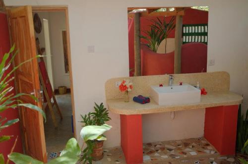 a bathroom with a sink and a mirror at Salty's Kitesurf Village in Kilifi