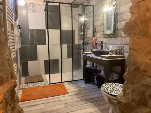 une salle de bain avec une douche avec un lavabo et des toilettes dans l'établissement Maison de charme sur le Canal de Loire, à Bannay