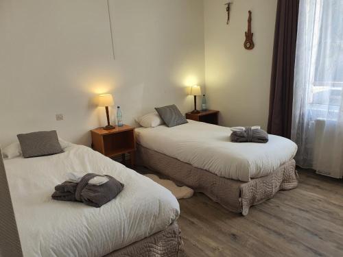 a hotel room with two beds and two lamps at Hôtel de la promenade in Bains-les-Bains