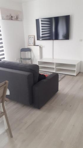 un salon avec un canapé noir et une télévision dans l'établissement birsinger, à Bobigny