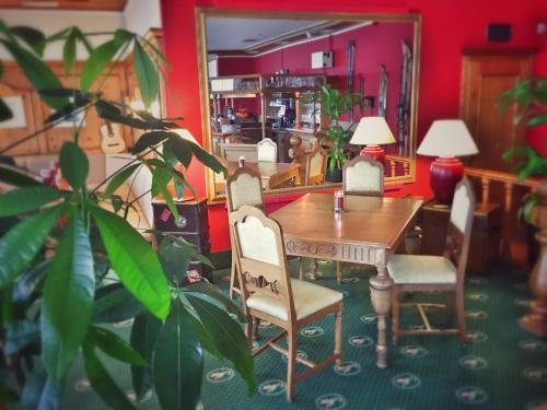 a dining room with a wooden table and chairs at Alpina Lodge Hotel Oberwiesenthal in Kurort Oberwiesenthal