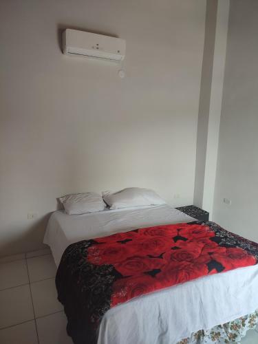 a bedroom with a bed with red roses on it at La casita in Asuncion