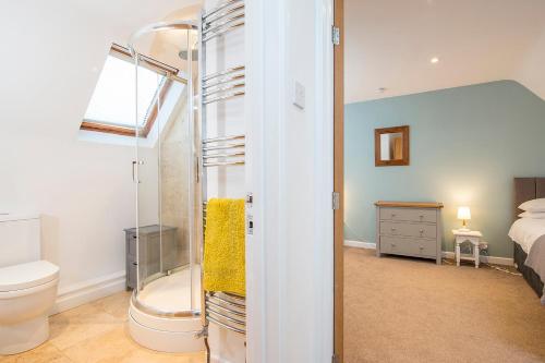 ein Bad mit einer Dusche, einem WC und einem Bett in der Unterkunft Bwthyn Clyd in Haverfordwest