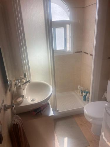 ein Badezimmer mit Dusche, Waschbecken und Toilette in der Unterkunft Jumbo apartment in San Bartolomé de Tirajana