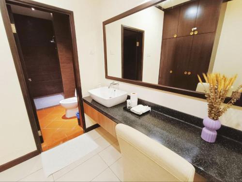 a bathroom with a sink and a toilet and a mirror at Riviera Melaka Private Suites by Jeffery Lam Home Management in Malacca