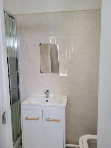Un baño con un lavabo blanco y un espejo. en Near Queens hospital ensuite room, en Nottingham