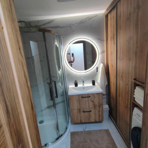 a bathroom with a shower and a sink and a mirror at Apartamenty u Maksa Ratuszowa in Przemyśl
