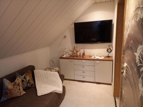 a living room with a couch and a flat screen tv at Ferienwohnung im Erzgebirge - Seiffen in Neuhausen