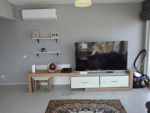 TV a/nebo společenská místnost v ubytování Yalıkavakta muhteşem deniz manzaralı bahçeli villa