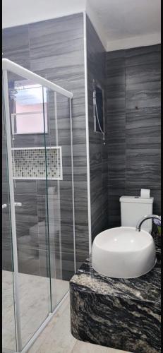 a bathroom with a shower and a toilet and a sink at Suite S3 in Bertioga