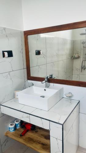 a bathroom with a white sink and a mirror at Mountain Paradise Bliss Guest House in Haputale